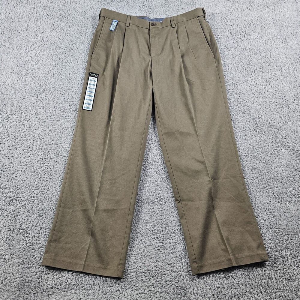 Haggar Dress Pants Mens 34x 29 Brown Khaki Classic Straight Pleated Stretch